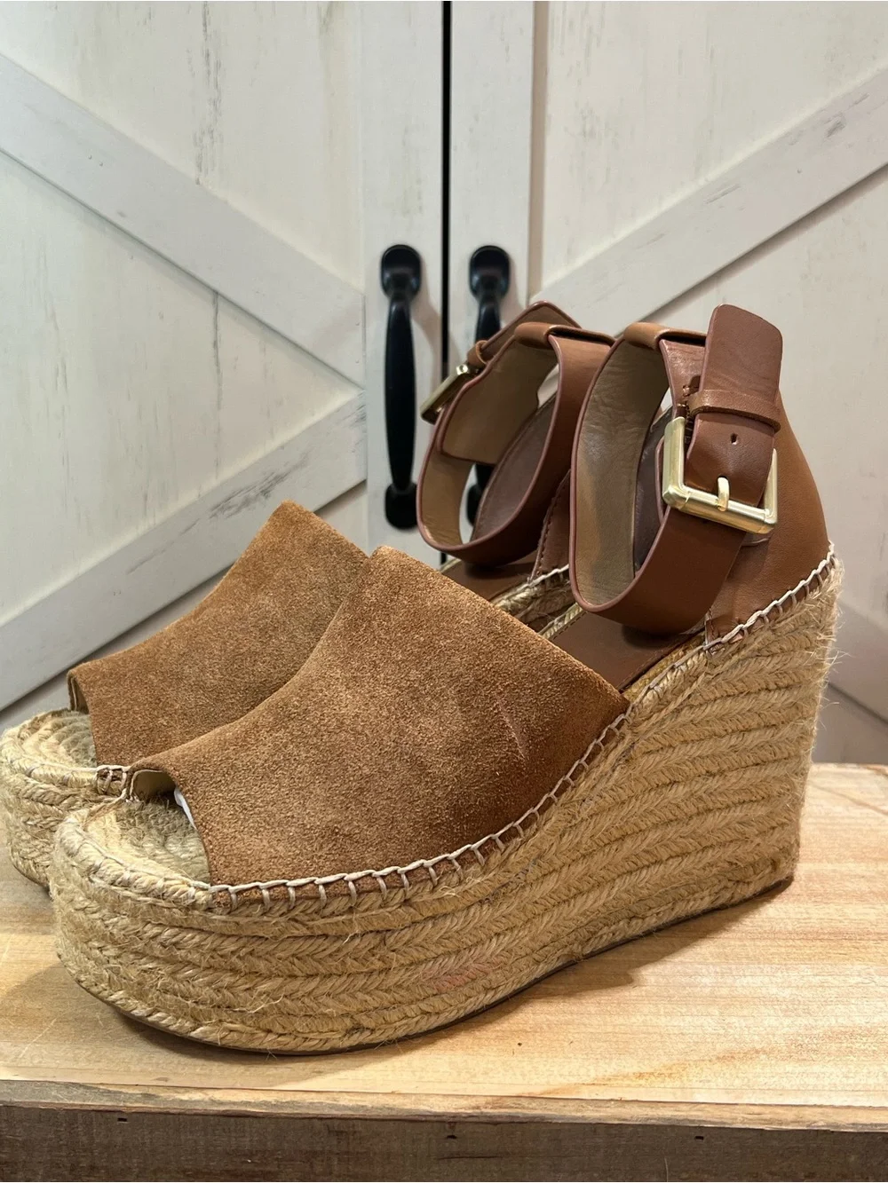 Marc Fisher Adalyn Brown Suede Leather Espadrille Platform Wedges Womens Sz 9